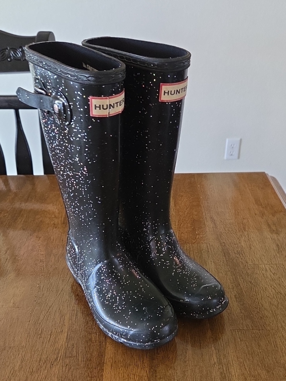 Hunter Original Tal Black Rubber Rain Boots with Pink and White Speckle Glitter